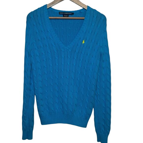 Ralph Lauren Sweaters - Vintage Ralph Lauren Sport Teal 100% Cotton Size Large Cable Knit V Neck Sweater